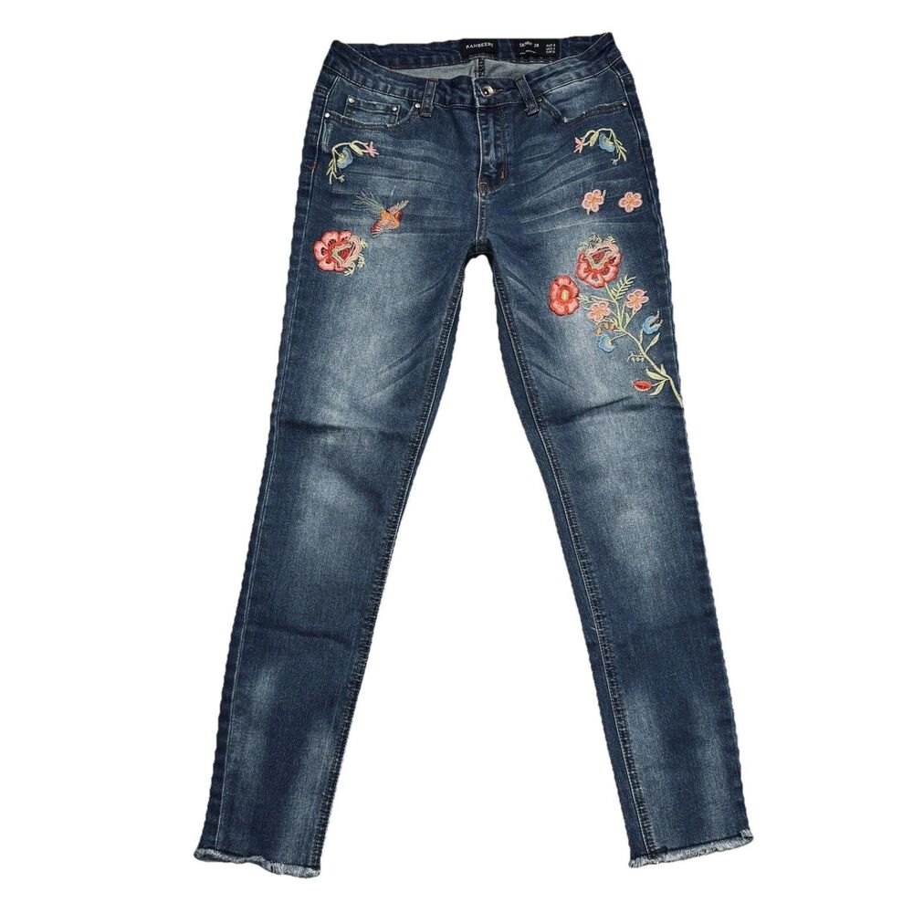 Ranbeeri Skinny Embroidered Jeans 28/5 (28 x 26) Blue Distress Floral Stretch